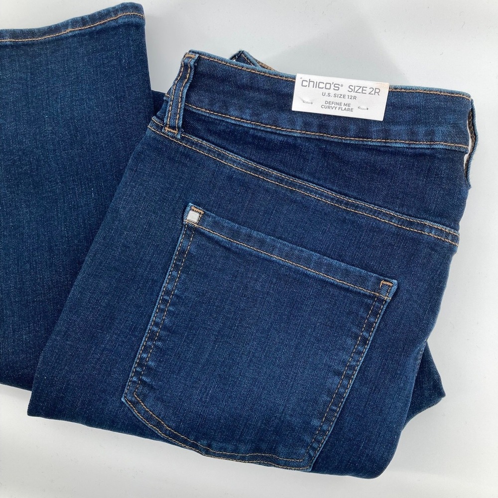 Chico's Define Me Flare Jeans Women 12R Dark Wash Stretch Denim 2R Curvy Fit NEW